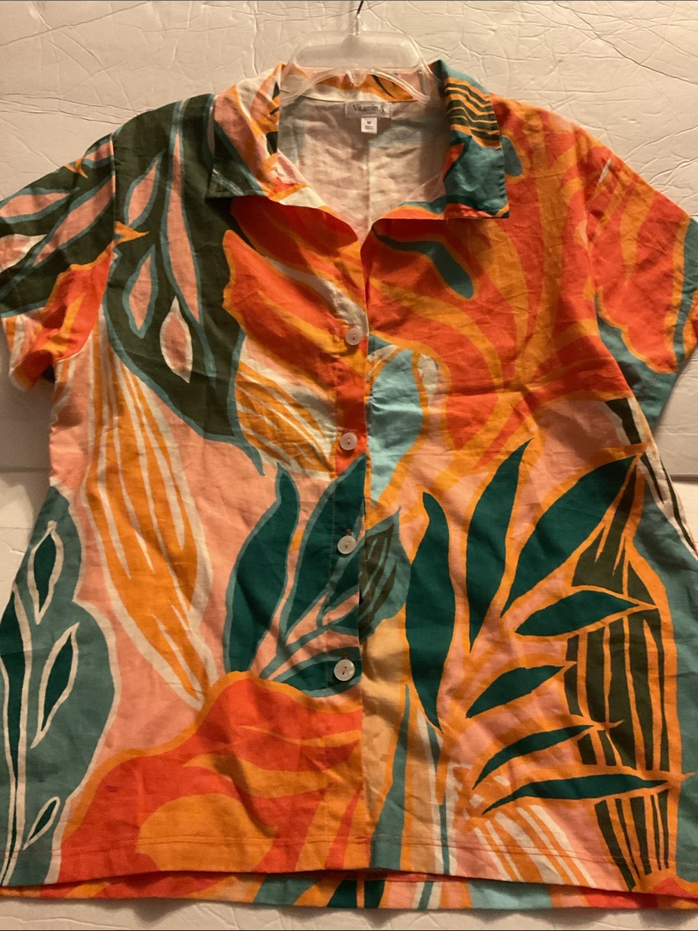 Vitamin A Vibrant Tropical Print Linen Blend Button-Up Shirt
